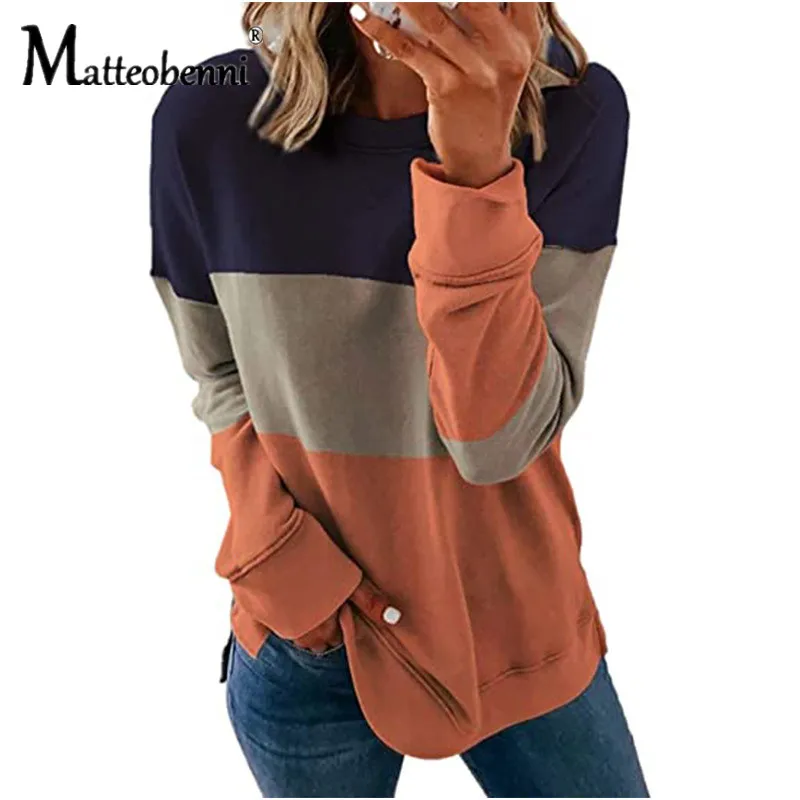 

Women Fashion Hoodies Autumn Striped Hooded Sweatshirt Casual Patchwork O-Neck Long Sleeve Plus Size Female Hoody Pullover Tops