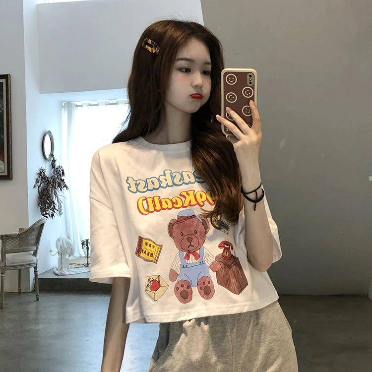 

3375 женская дизайнерская нишевая сетчатая красная свободная короткая белая футболка с коротким рукавом и медведем