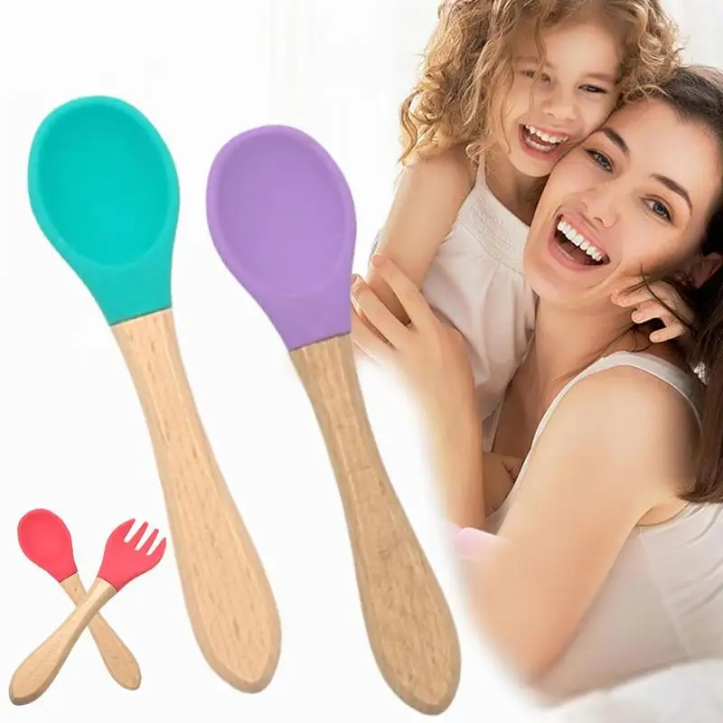 Cuchara de silicona de madera para beb&eacute;, vajilla de suplemento alimenticio para ni&ntilde;os, cuchara de entrenamiento con mango de madera para alimentaci&oacute;n segura-0