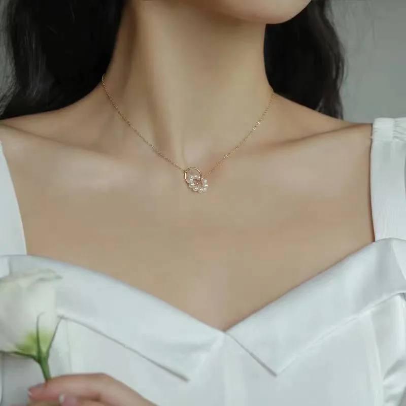 Женское колье с жемчужными кольцами модное ожерелье кулоном в Корейском стиле