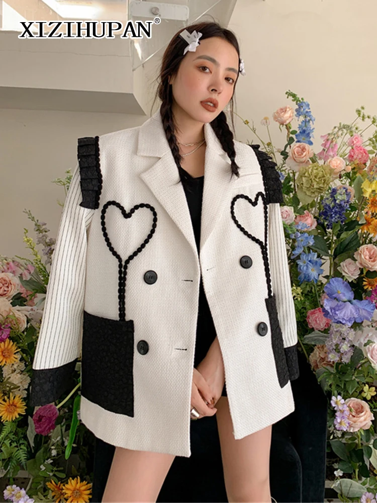 

XIZIHUPAN Korean Fashion Patchwork Heart Female Blazer Notched Long Sleeve Dual Pocket Loose Coats Women 2021 Autumn Clothes New