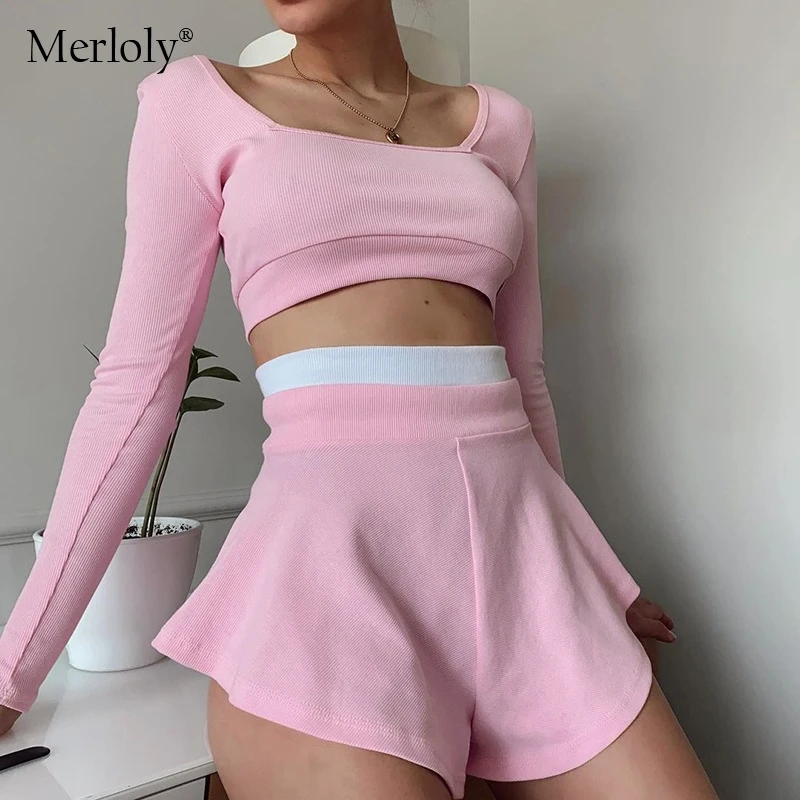 

Women's Tracksuit Long Sleeve Top with Shorts Sets 2 Piece Sports Wear Sexy Summer Casual Streetwear Pink Black Outfits
