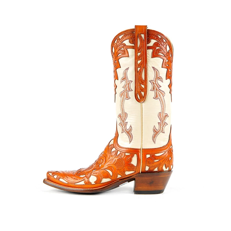 Prowow women western cowboy boots genuine leather designer handmade fretwork patchwork high heels corral mid-calf ladies | Обувь