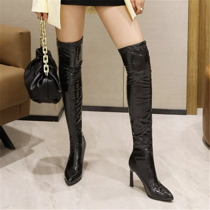 

Autumn Winter New Women Fashion Patent Leather Pointed Toe Thigh High Long Boots Sexy Slim Over-the-Knee Woman High Heel Shoes