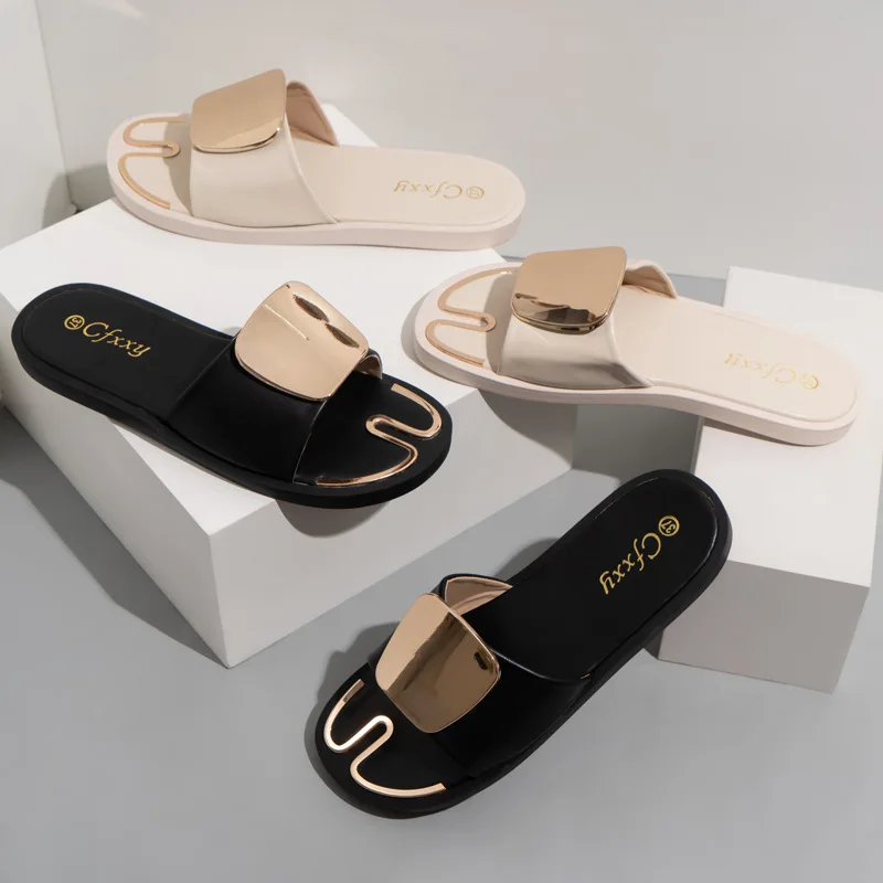 

Summer Sandals New Flat Designer Fashion Slippers Open Toe Metal Iron Sheet Sandals Women Shoes Sandals Women 2021 Large Size