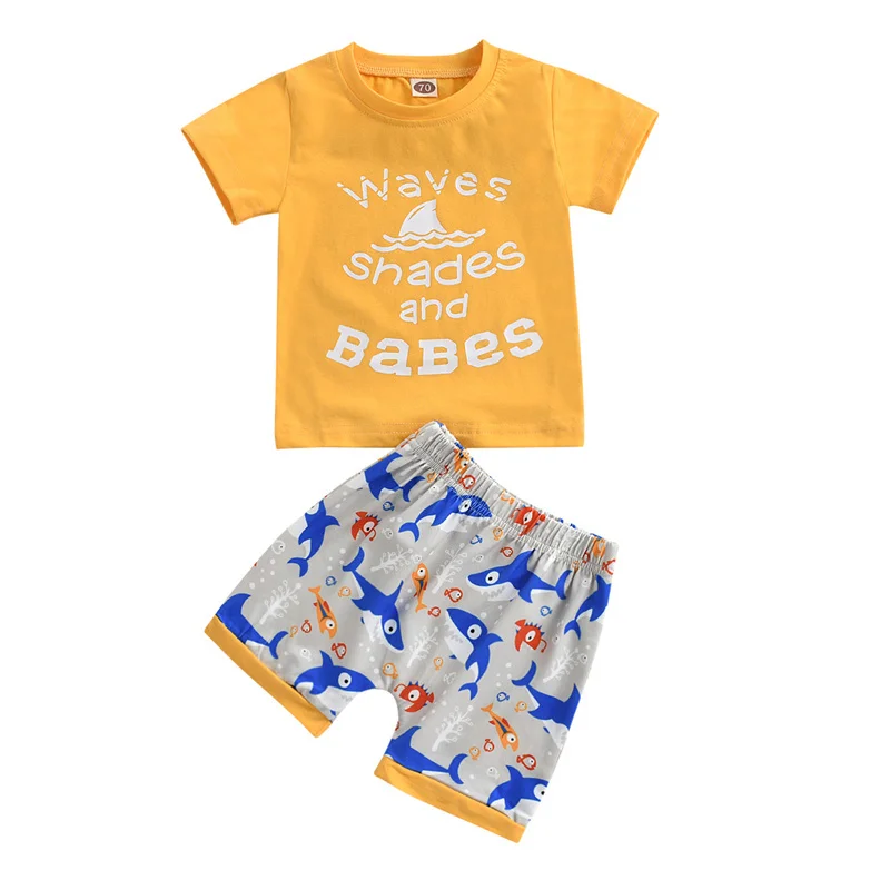 

2Pcs Toddler Little Boys Cotton Clothing Set,Children Boys Letter Print Casual T-shirt+Shark Print Short Summer Outfits For KIds