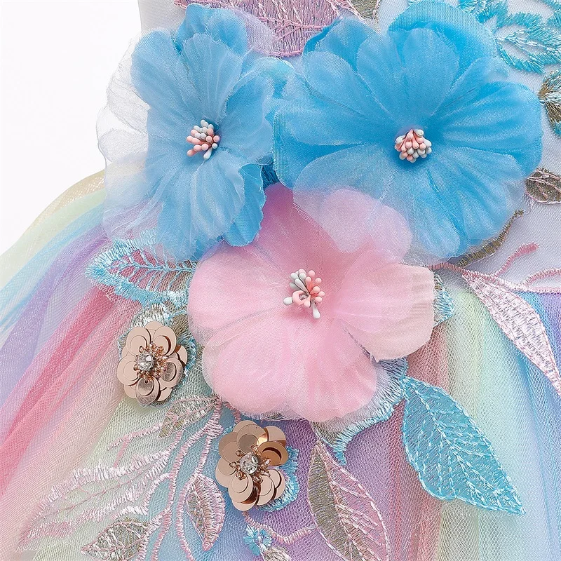 Unicorn Party Fluffy Girl Tiered Floral Tutu Dress Halloween Rainbow Costume Princess Toddler Girls Backless Cartoon | Детская одежда и