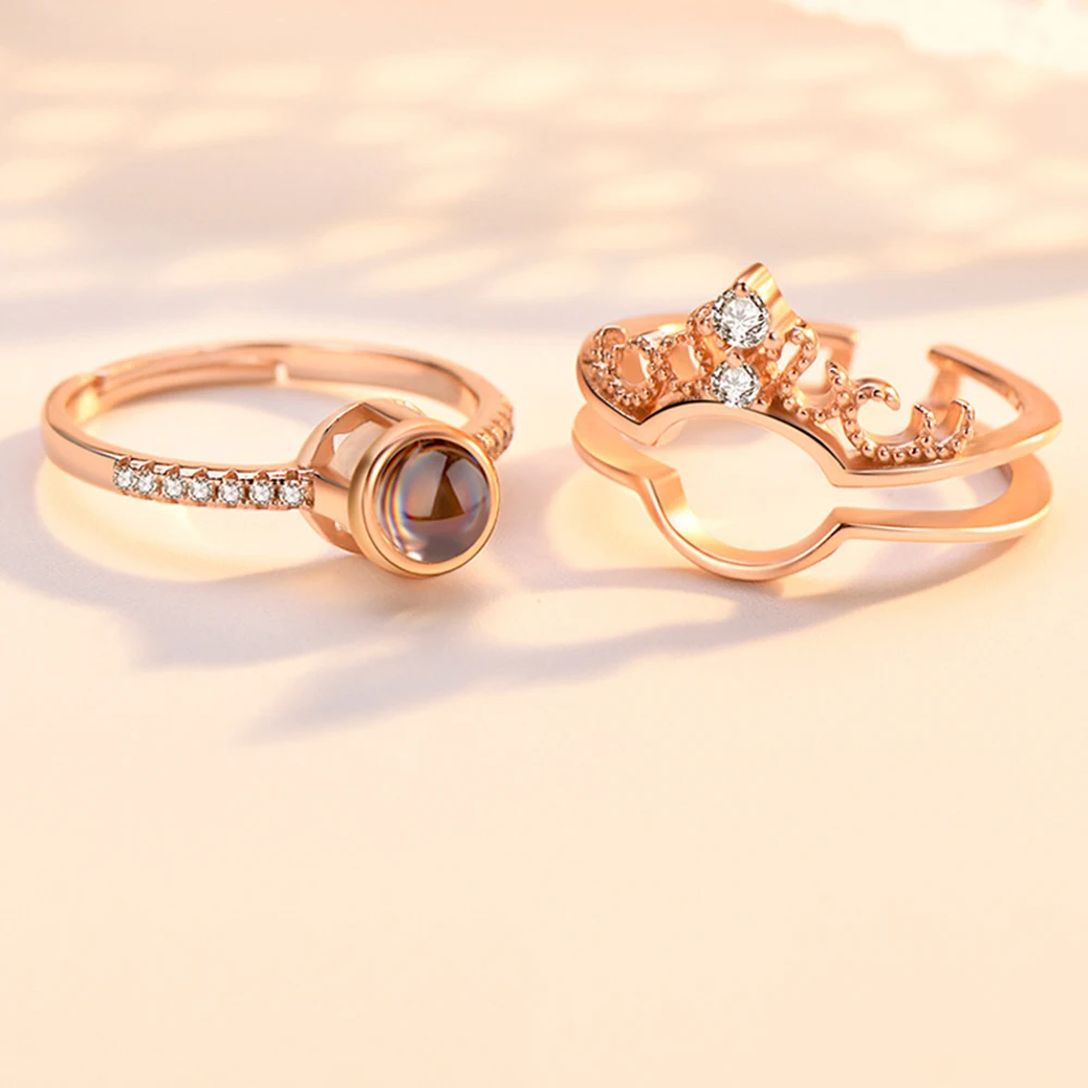 &quotI Love You&quot In 100 Languages Memory Crown Couple Rings Rose Gold Engagement Wedding Valentine's Day Ring Set Drop Shipping |