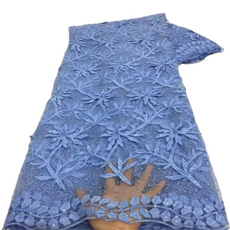 

2021 Sky Blue French Tulle Lace Fabric High Quality African Lace Fabric Heavy Sequins Nigerian Mesh Laces For Wedding Sew