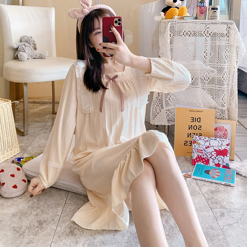 2021 Spring and Autumn New Nightdress Women's Cotton Long Sleeve Fashion Lovely Princess Romantic Home Wear Sleepwear Women