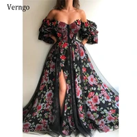 verngo 2021 new black tulle silk rose flowery printed a line prom dresses long puff sleeves sweetheart slit chic evening gown