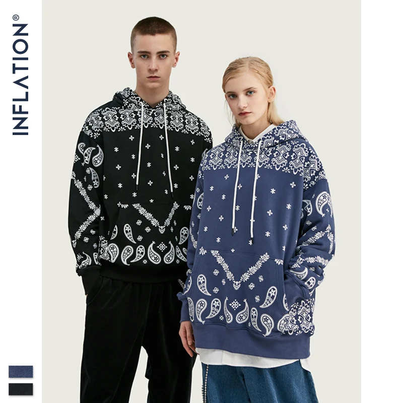 INFLATION 2020 FW Retro Print Men Hoodies Streetwear Loose Fit Cotton Hooded Sweatshirt Male Vintage Style 9657W | Мужская одежда