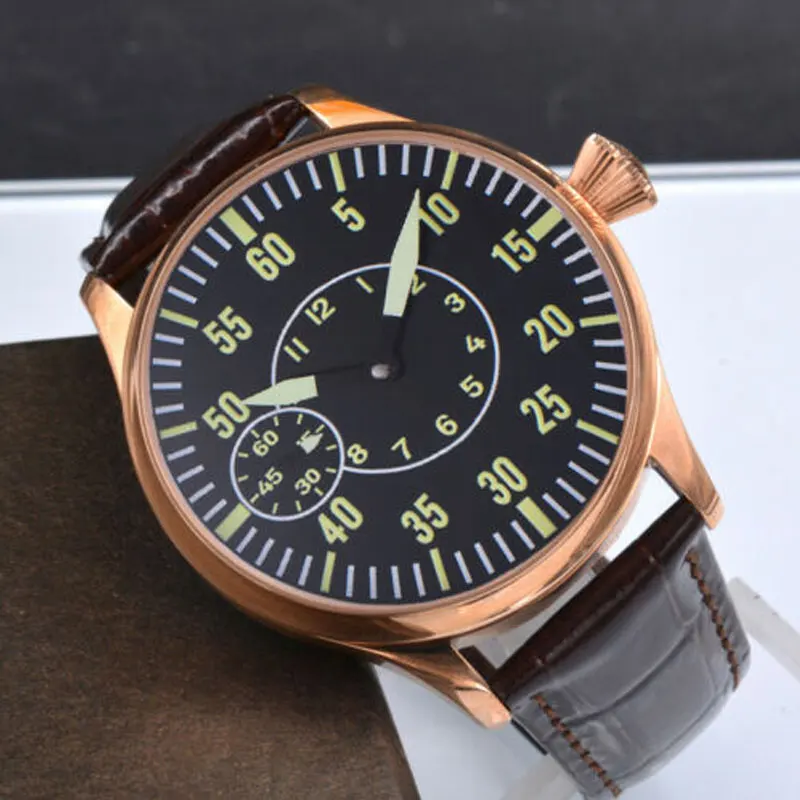 Corgeut 44mm Mens Wristwatch Luminous Rosegold Case Green Number 3600 Hand Winding Movement Mechanical Fashion Watch 6497