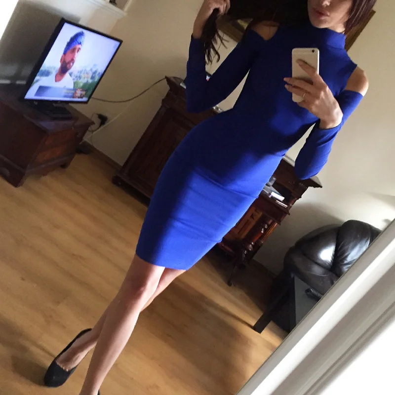 

Night Club Dress Womens Cold Shoulder Sexy Long Sleeve Dress Stand Collar Sukienka 2021 Skin Tight Bodycon Mini Dress Mock Neck