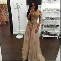champagne 2020 off shoulder evening dresses with gold sequins applique a line tiered ruffle prom gowns back zipper custom formal