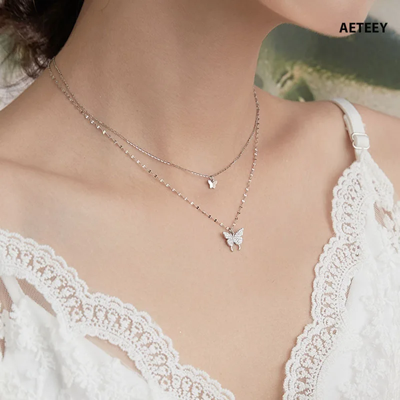

AETEEY925 Sterling Silver Double Layer Butterfly Necklace Exquisite Inlaid Zircon Clavicle Chain Pendant For Girls Birthday Gift