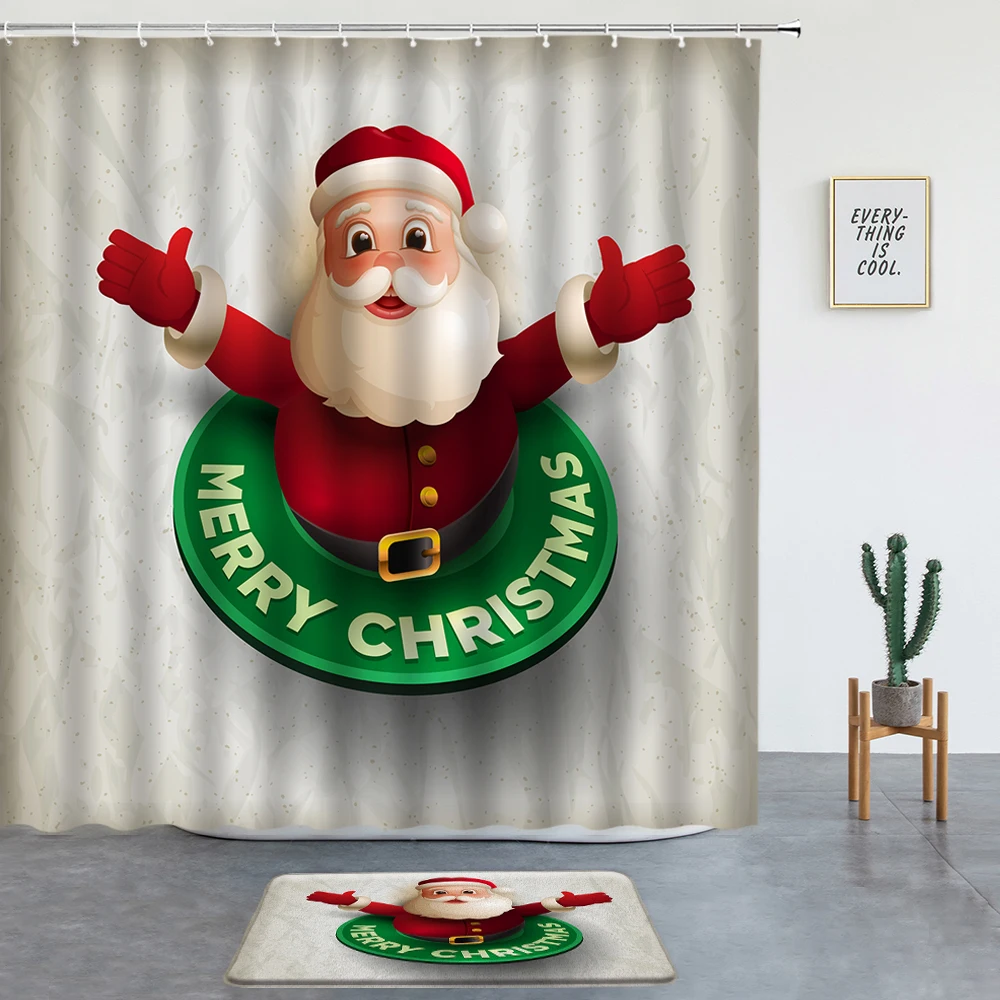

Santa Claus Shower Curtains Set With Bath Mats ​Merry Christmas Xmas Gift New Year Party Washable Bathroom Decor Non-slip Carpe