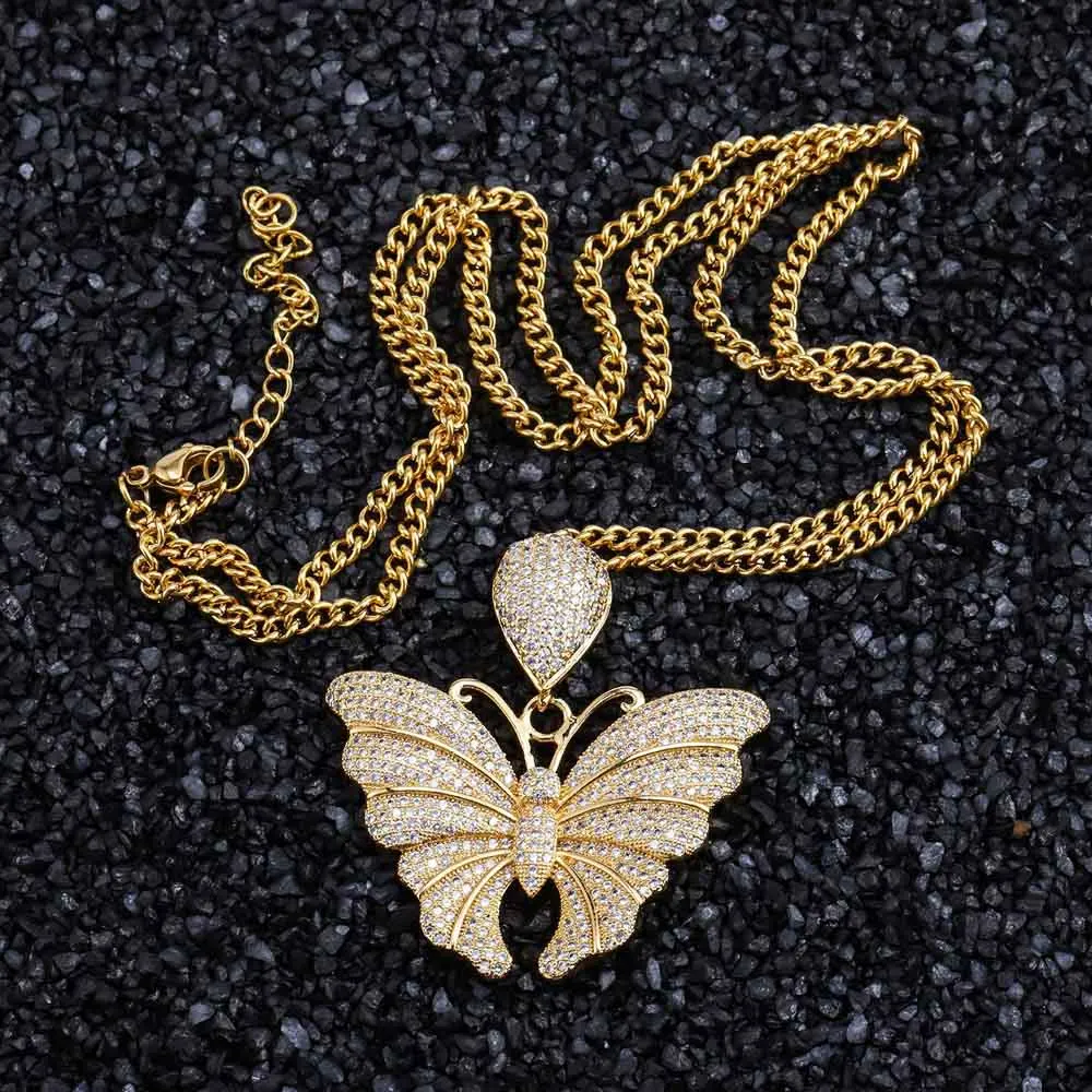 Хип-хоп раппер для мужчин и женщин ювелирные изделия AAA+ Cubrc циркония Bling CZ Подвески «бабочка» ожерелье для девочек подарок для пары кубинские цепи