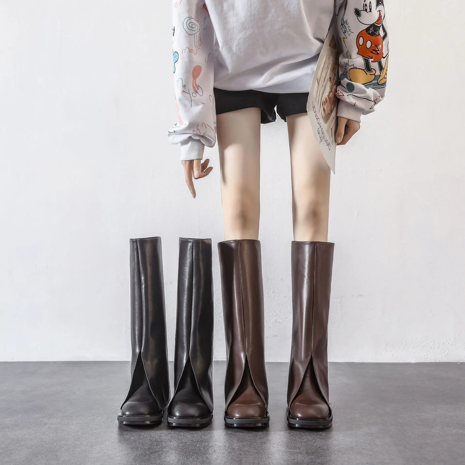 

Женские сапоги до колена, модные зимние сапоги из натуральной кожи, осень 2022, высокие сапоги на среднем каблуке, мотоциклетные сапоги, женск...