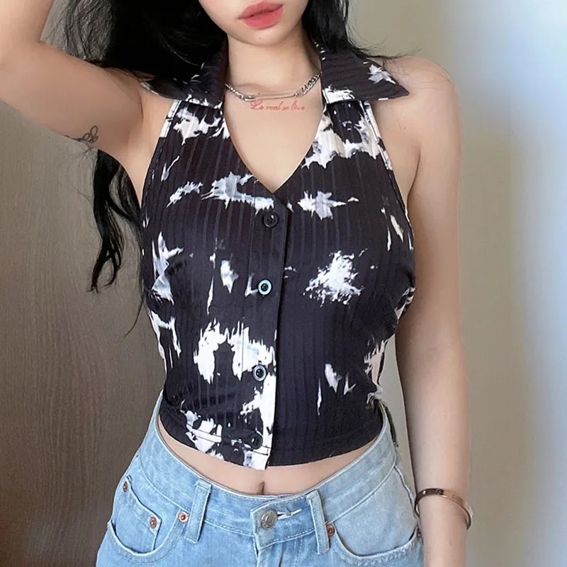 

Tie Dye Sexy Women's Blouse Tops Harajuku y2k top Vintage Zip Up Skinny 90s Clubwear Outfits Sleeveless Backless Gothic Clothes