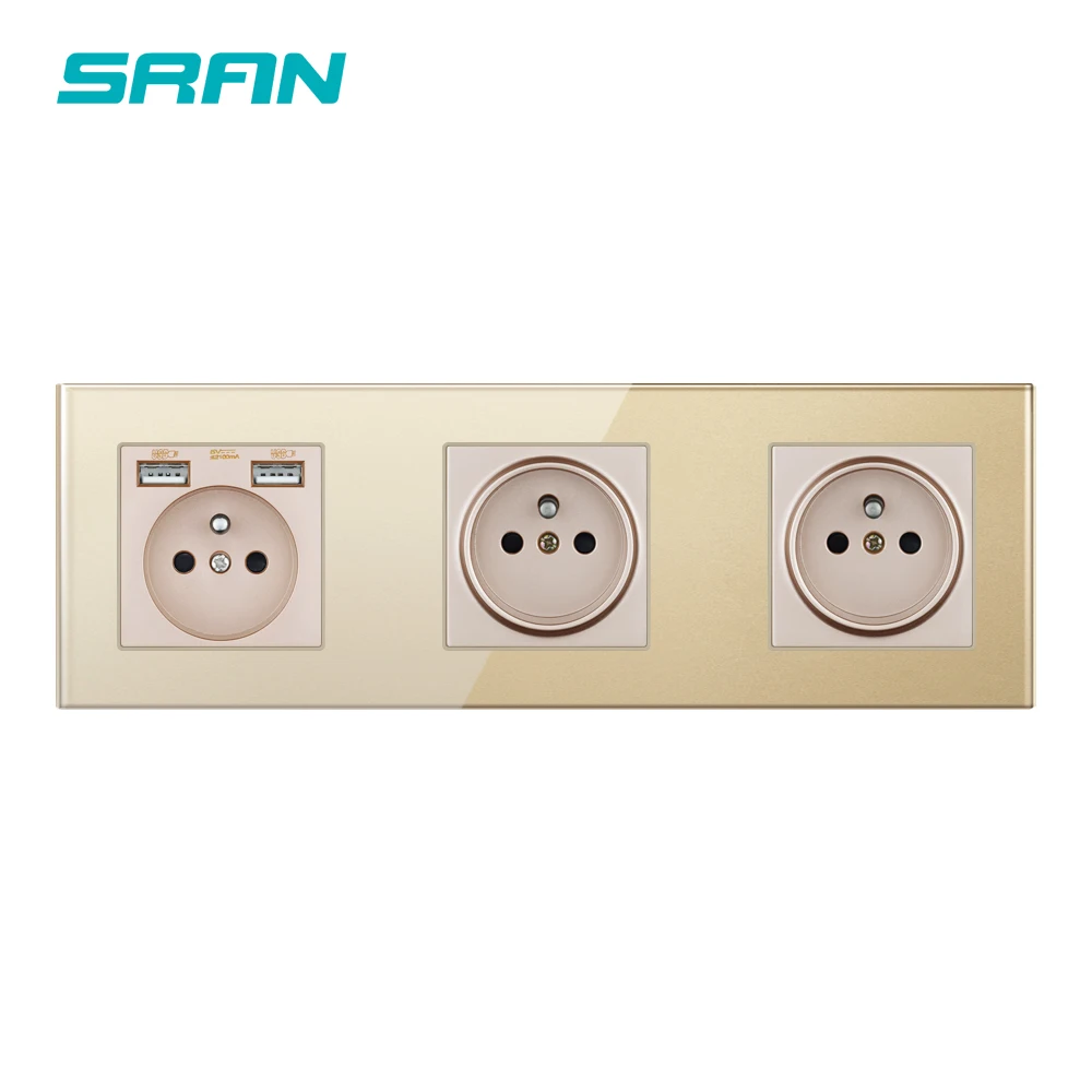 Французская розетка SRAN с тройной рамой usb прозрачная стеклянная панель 258*86 3