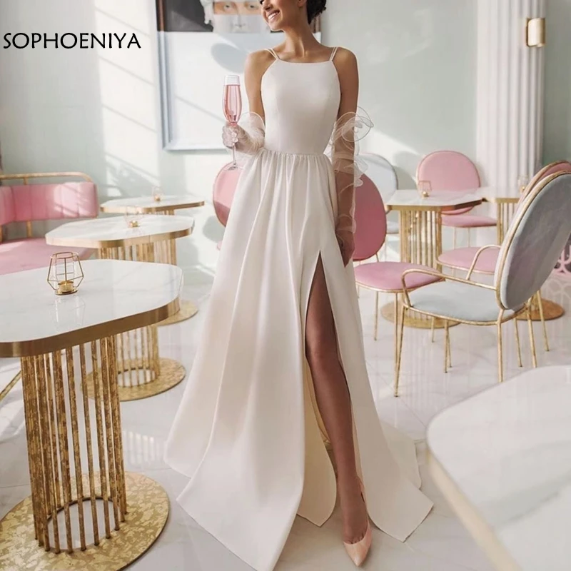 

Женское атласное свадебное платье, длинное платье цвета слоновой кости с высоким разрезом, весна-лето 2021