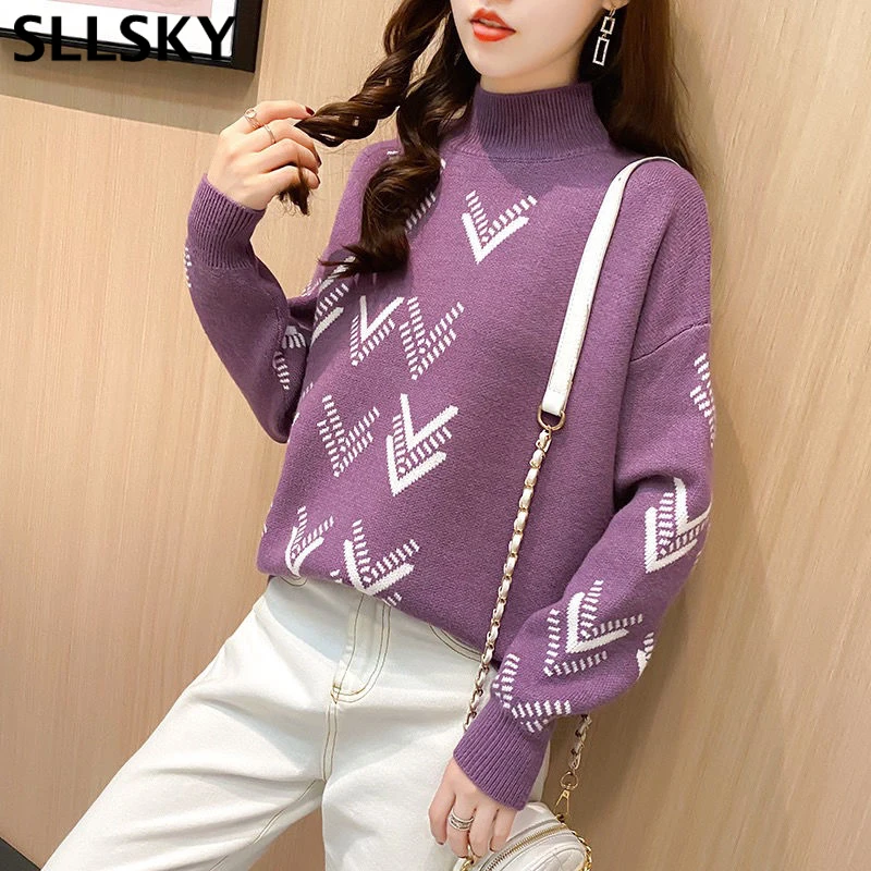 

Sllsky жаккардовый пуловер, вязаный свитер, женский осенне-зимний новый свободный Универсальный мягкий джемпер с высоким воротником, топы