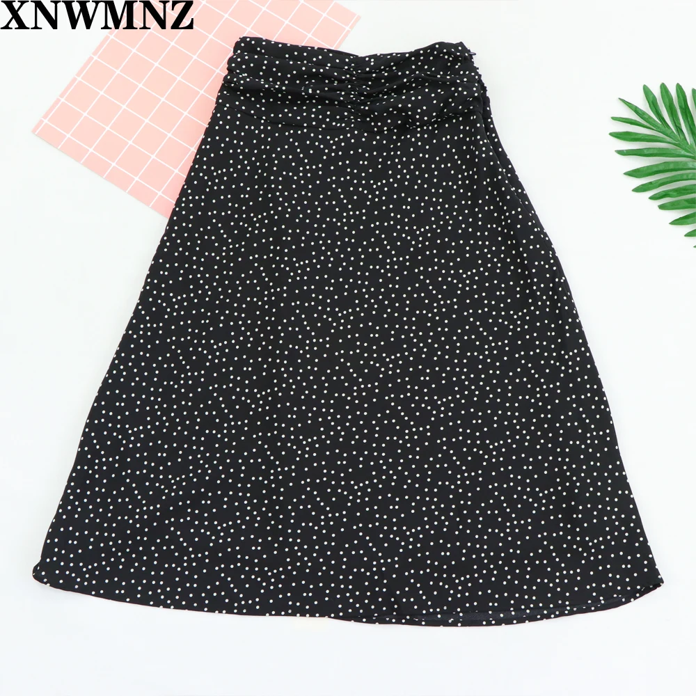 

XNWMNZ Sexy za Cute Dot Print Black Women Skirt Vintage High Waist Midi Skirts Sexy Slim women skirt Casual skirt SHEIN&VADIM