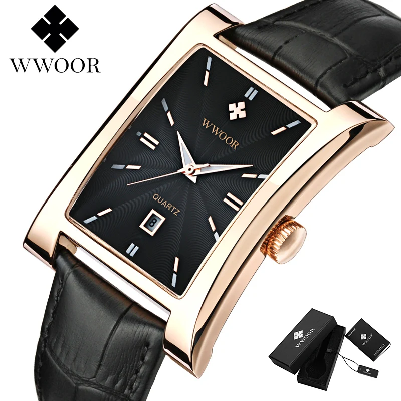 

2020 WWOOR Stylish Square Watches Mens Luxury Black Leather Quartz Men Watch Casual Business Date Clocks Male relogio masculino