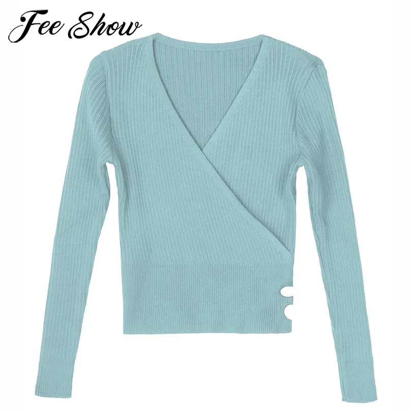 

Women Cross V Neck Button Sweater Female Elegant Fashion Casual Solid Khaki Blue Short Pullovers Ribbed Knitted Crop Tops 2020