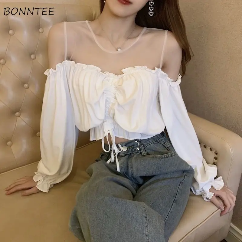 

Blouses Women Sexy Slim Folds Solid Slash-neck Spring Retro Kawaii Ulzzang Long-sleeved Friend High-Elasticity Cropped BF ladies