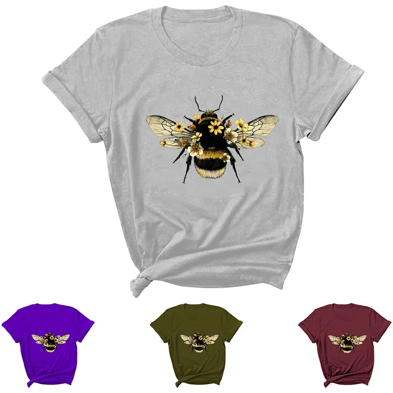

Bee Flower Letter Print Women T Shirt Short Sleeve O Neck Loose Women Tshirt Ladies Tee Shirt Tops Clothes Camisetas Mujer