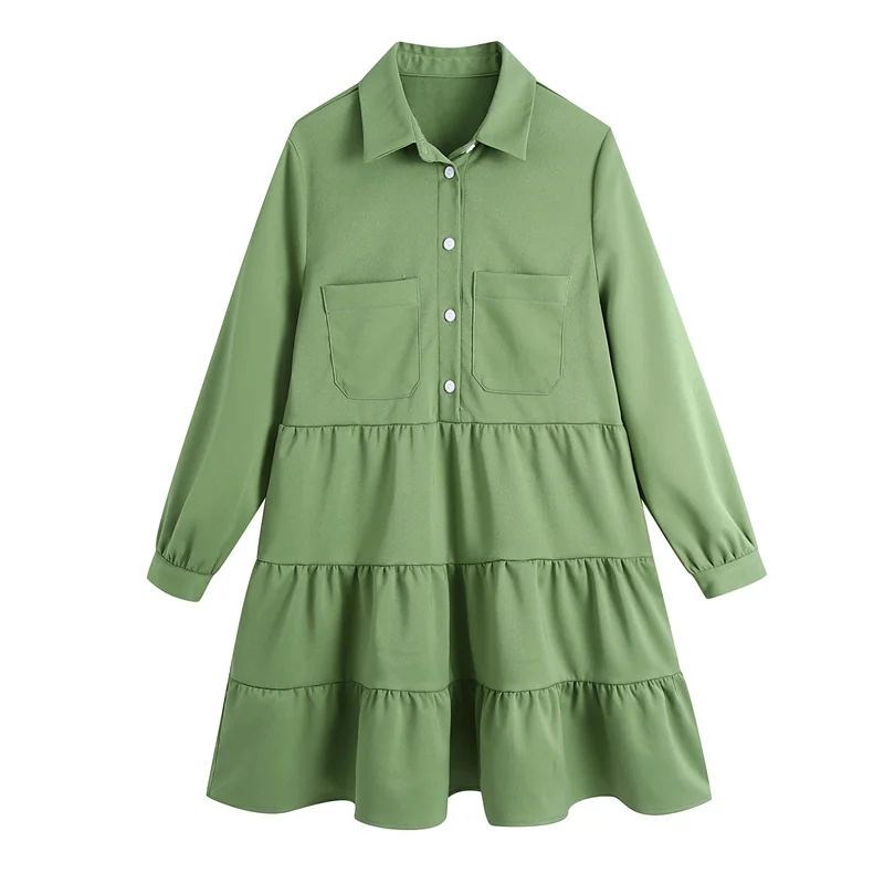 

Fashion With Pockets Draped Mini Dress Women Vintage Lapel Collar Long Sleeve Female Dresses Army Green Dress Vestidos