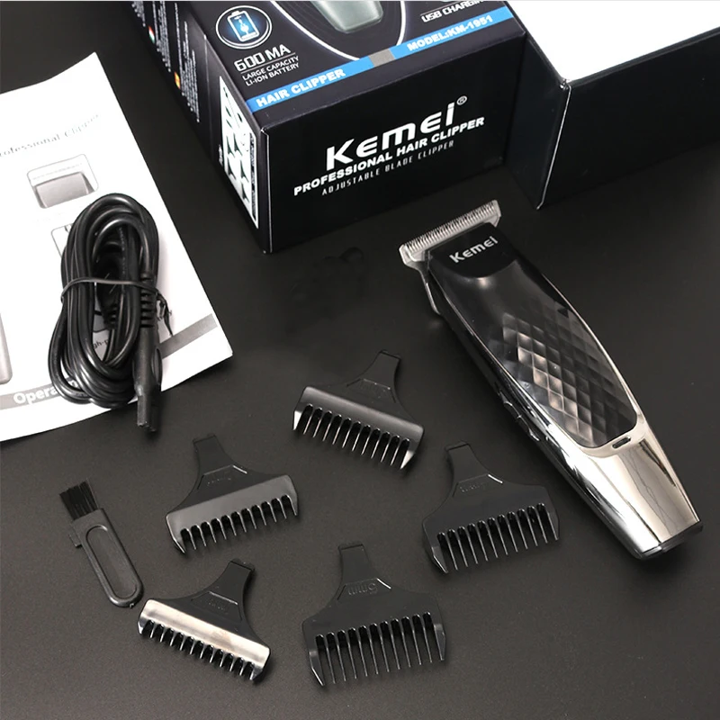 

Kemei 1951, Мужская машинка для стрижки волос, перезаряжаемый электрический триммер с 5 концевыми расчески, USB зарядное устройство, масляная голо...