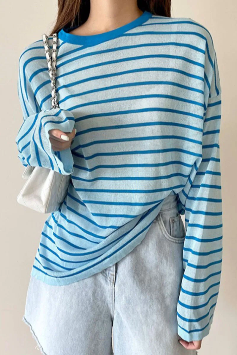 

Ice silk sweater women's thin lazy wind loose wild color striped long-sleeved sunscreen blouse summer
