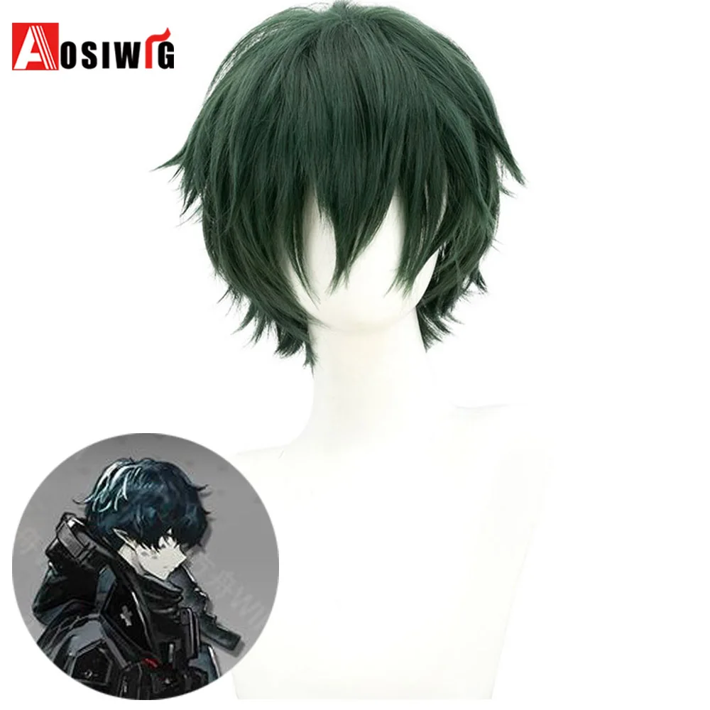 Aosiwig Synthetic Cosplay Game Arknights Wig Faust Dark Green Short Hair Party Halloween Cosplay Boy Wig