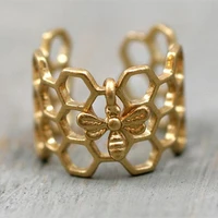 antique womens gold color tiny bee honeycomb ring adjustable hexagon rings for women fashion jewelry wedding engagement ringg