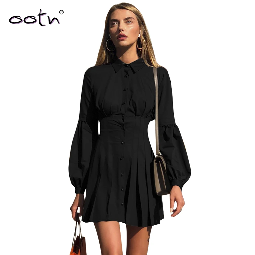 OOTN Элегантное Черное Короткое женское платье-блузка с длинным Рукавом Плиссированное мини-платье вечерние платья весеннее женское сексуальное тонкое платье vestido