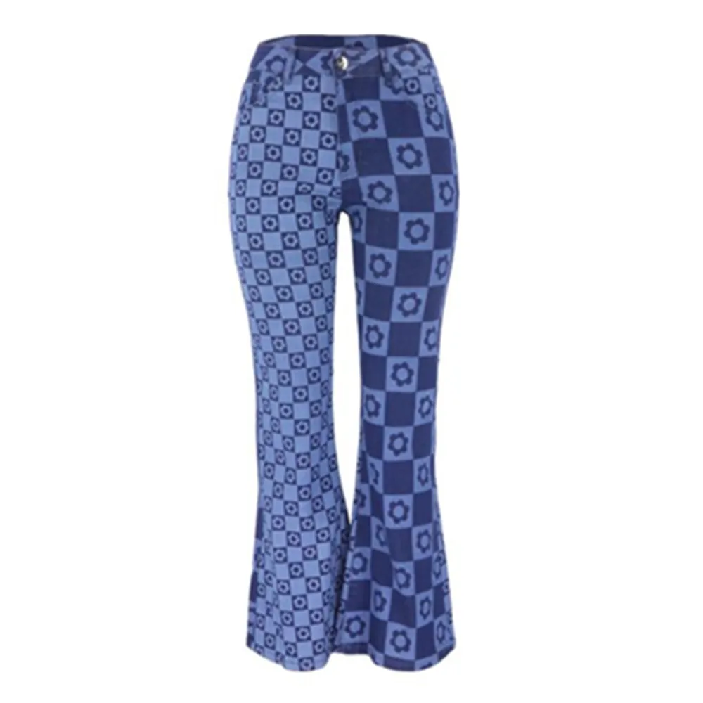 

Джинсы-клеш Y2K женские с цветочным принтом, повседневные Модные Винтажные брюки из денима в стиле хип-хоп, с завышенной талией, голубые, 2021