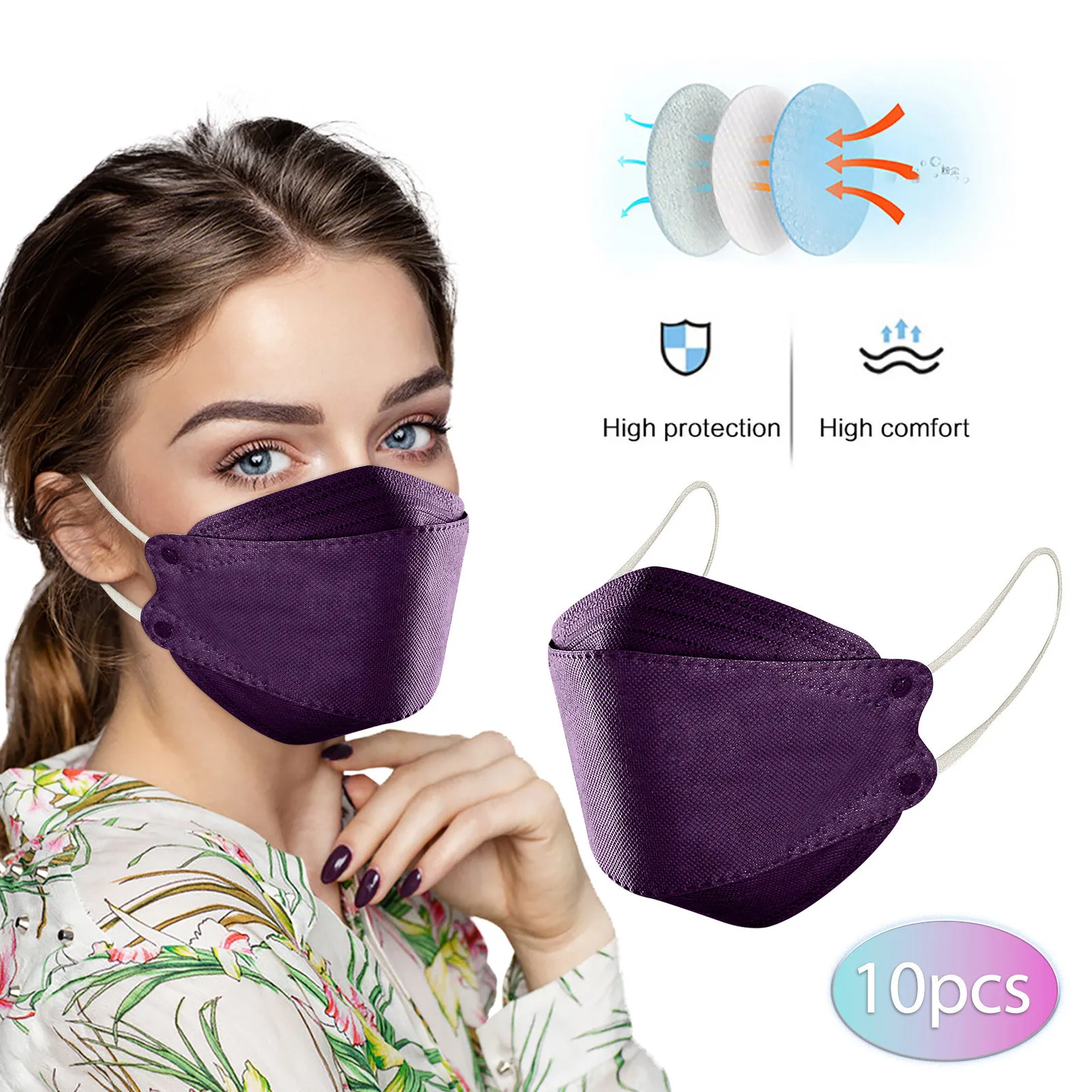Маска KN95 FFP2 для взрослых 1-100 штук, маскариллас 5 слоев CE Fish Non Woven Purple Reusable Respirators mascarillas on.