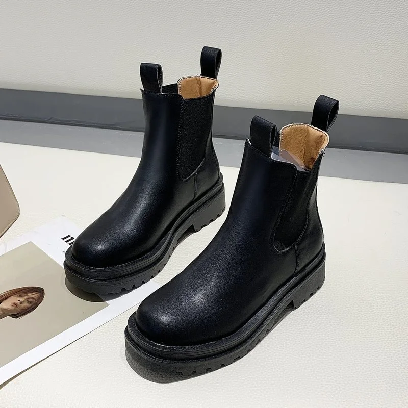 

Ботильоны женские из искусственной кожи, ботинки челси на платформе, без застежки, короткие ботинки средней длины, модная обувь, черные, на о...