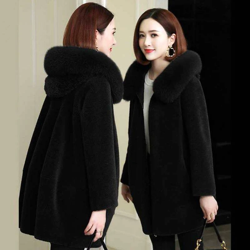 

Wool blend Woolen Coat Women Long Trench Coat Fashion Elegant Imitating Faux lamb wool coat Loose Hooded Sheep Shearing Coat
