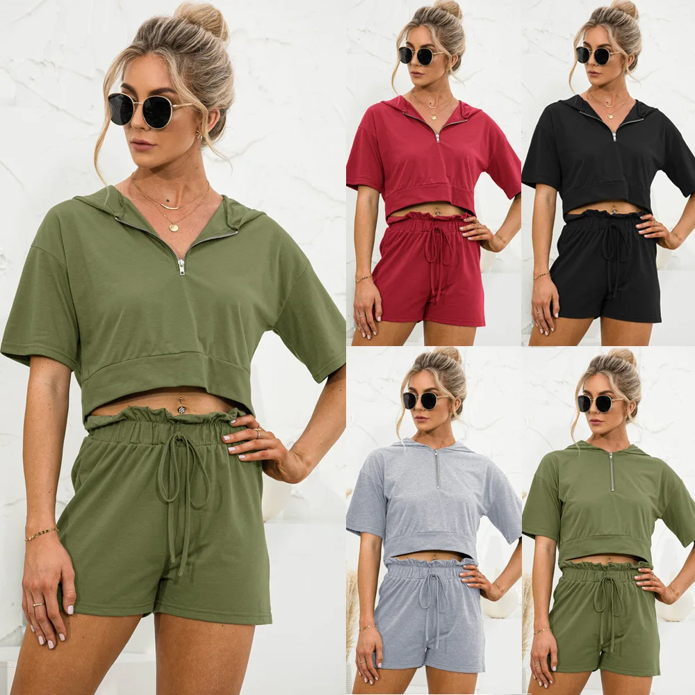 

2021 summer new product hot sale solid color hooded zipper shorts casual suit