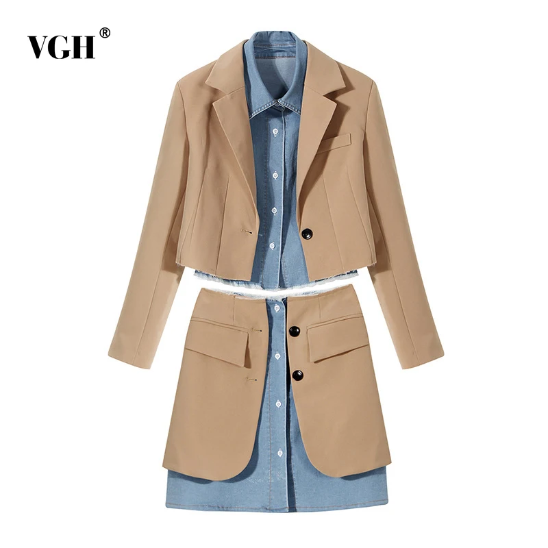 

VGH Casual Slim Two Piece Set Women Notched Colorblock Long Sleeve Blazer High Waist Mini Skirt Women's Suit Autumn 2021 Clothes