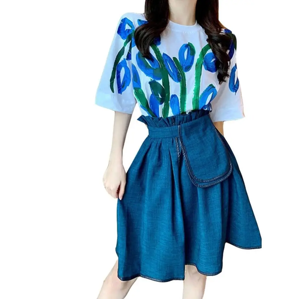 

Plus size two piece set Women Irregular T Shirt+Mesh Skirts Suits Solid Tops Vintage Floral Skirt Sets Elegant