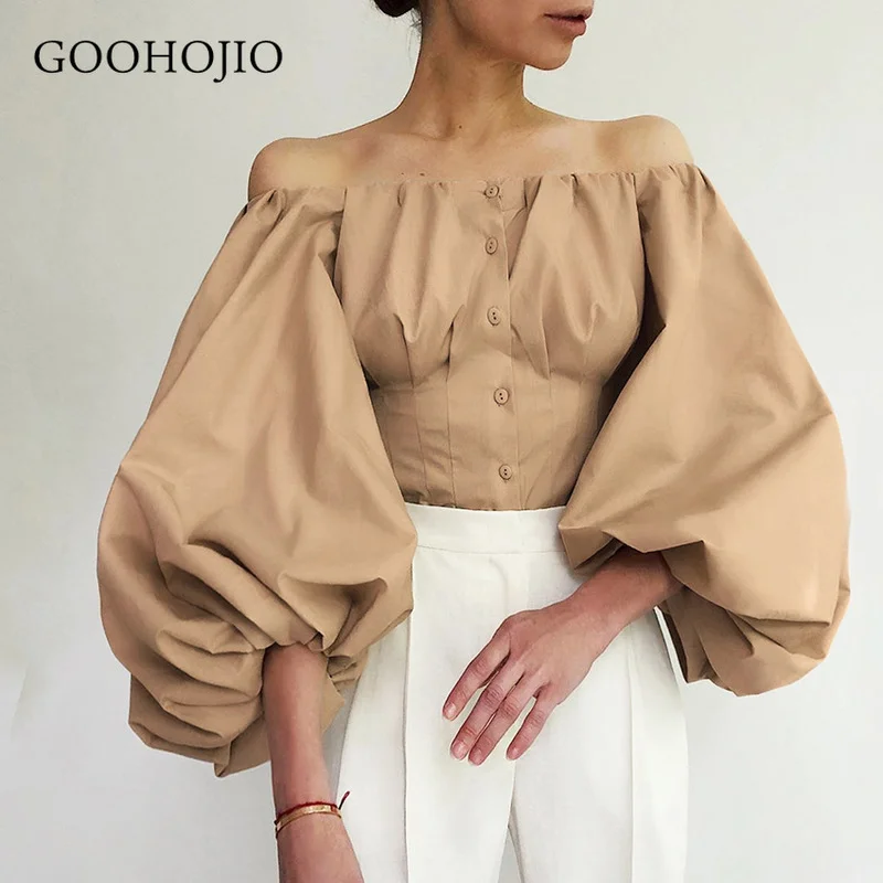 

GOOHOJIO 2021 Новые весенние и осенние модные женские рубашки с вырезом лодочкой темпераментные блузки для женщин рубашки с буфами на рукавах жен...