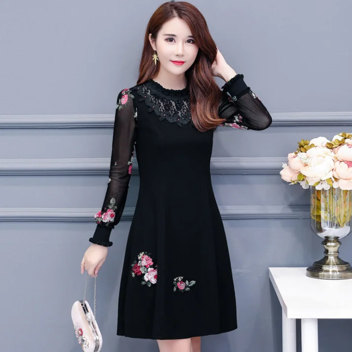 2020 весенние базовые черные платья для женщин с длинным рукавом а силуэт из кусков