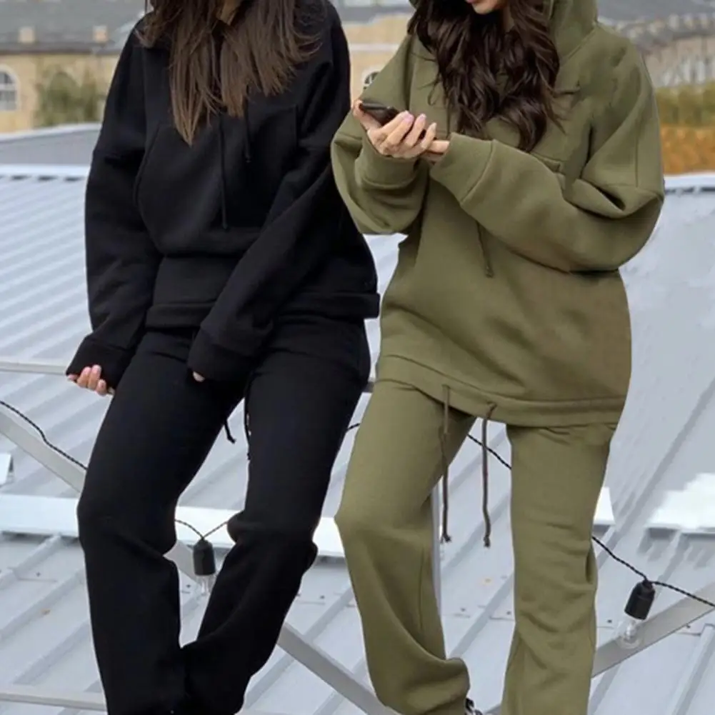 

set woman 2 pieces Long Sleeve Large Pocket Women Outfit Drawstring Hem Solid Color Hooded Sweatshirt Pants Set for Daily Wear