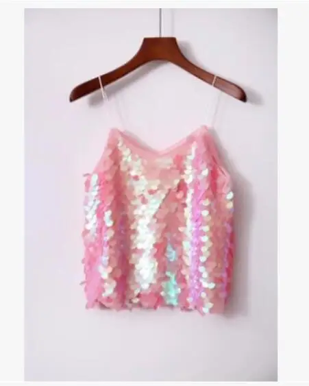 hot pink Модная женская майка с блестками, Новая Летняя Сексуальная Клубная одежда с v-образным вырезом на бретелях, короткая майка с блестками без рукавов для девочек, топы - Цвет: hot pink