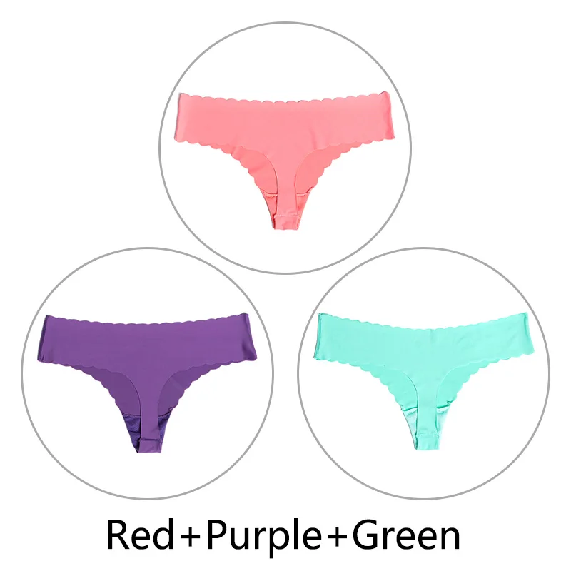 Red Purple Green 3 шт./партия ультра-тонкий открытый Шелковый бесшовный стринги с низкой посадкой, цельные сексуальные трусики-стринги, нижнее белье для женщин, танга XS-L, американский размер - Цвет: Red Purple Green